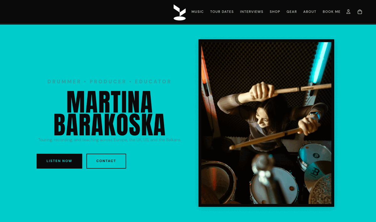 Homepage of the drummer's website, with her photo, music and a shop link